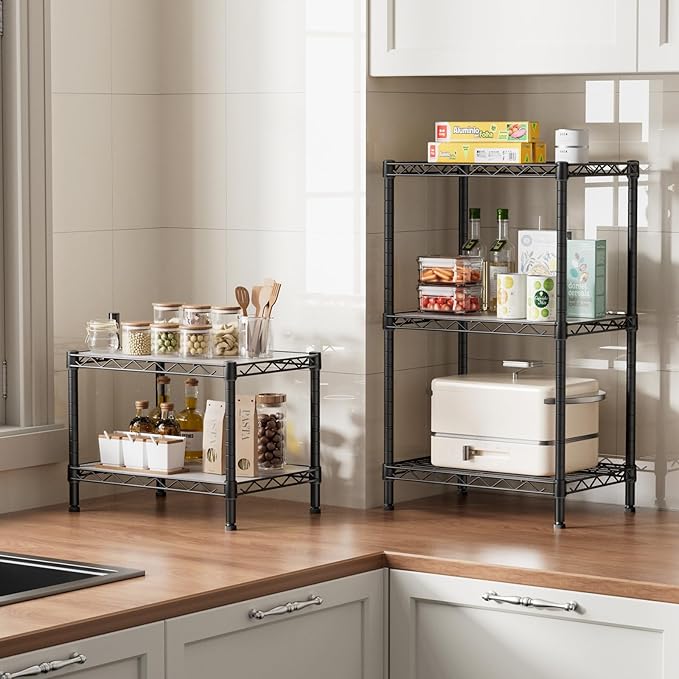 SINGAYE 2 Small Shelves Kitchen Storage Shelf Wire Shelving Unit Metal Shelf Adjustable Organizers Storage Shelving for Office Pantry Black 12" D X 18" W X 12" H