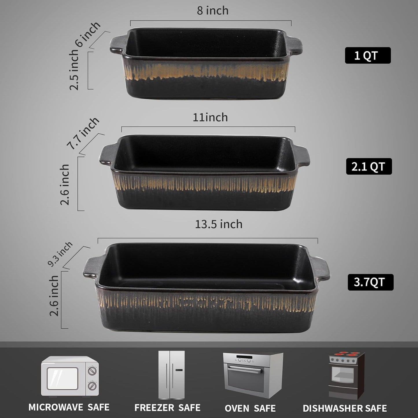 Bakeware Set, Ceramic Baking Dish, Rectangular Baking Pans Set, Casserole Dish for Cooking, Cake Dinner, Kitchen 9 x 13 Inches, 3-Piece, Stripe Series (Rough Black)