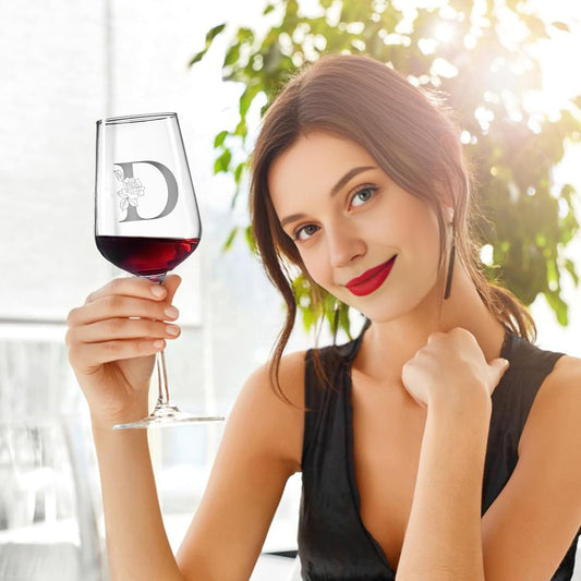 Personalized Wine Glass Gifts for Women, Monogrammed A-Z Wine Glass with Gift Box & Greeting Card, Customized Wine Glasses Initial Wine Glasses Gift for Birthday, Mothers Day, Best Friend, Sister (D)