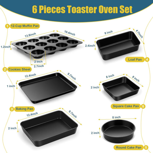 E-far 6-Piece Bakeware Sets, Nonstick Stainless Steel Baking Pans Set - 8x8 Square/Round Cake Pan/Muffin/Loaf Pan/Roasting Tray/Cookie Sheet - for Kitchen Oven Cooking Lasagna Brownie Casserole, Black