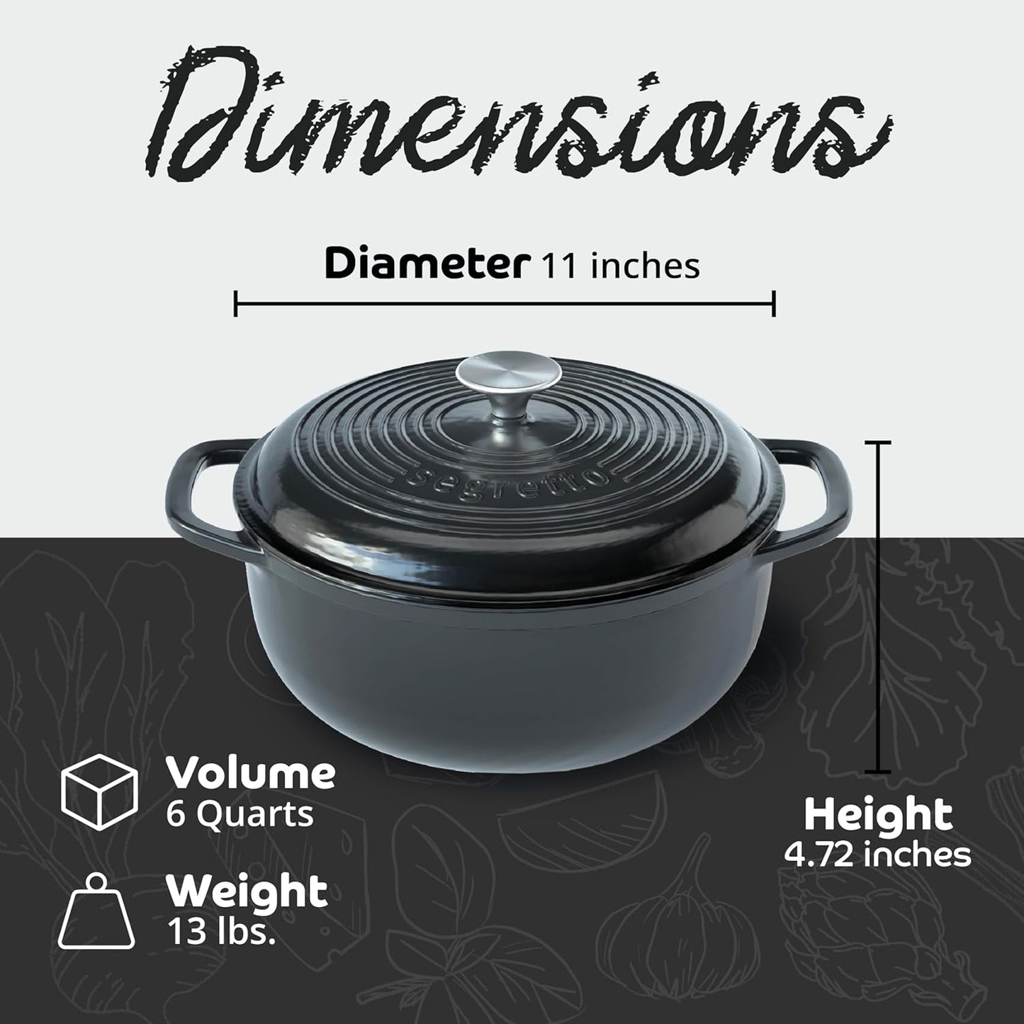 Segretto Cookware Enameled Cast Iron Dutch Oven, 6 Quarts, Black