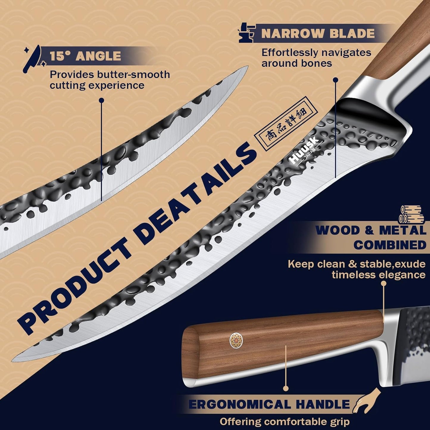 Huusk Boning Knife 6 Inch Fillet Knife for Meat Brisket Trimming Knife Japan Hand Forged Deboning Knives Full Tang Meat Cutting Butcher Knife for Kitchen Cooking BBQ