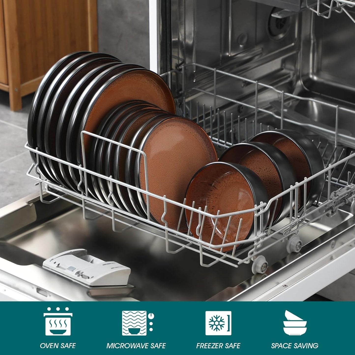 vancasso Plates and Bowls Sets, 18 Pieces Stoneware Dinnerware Sets for 6, Kitchen Dish Set Mircowave and Dishwasher Safe Dinner Set Ceramic Dishware, Brown, Series AMBER