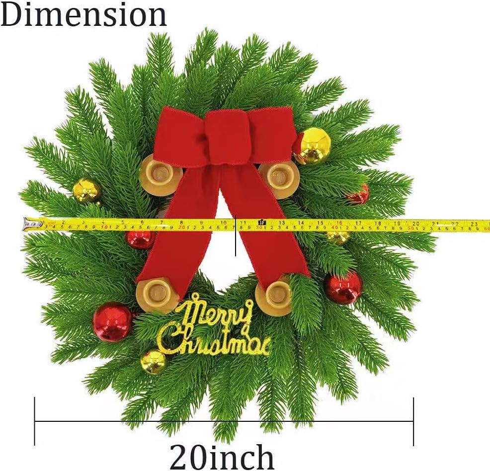 20Inch Christmas Candle Wreath, Realistic Pine Advent Wreath with Red Gold Balls and Bow, Kitchen Cabinet Candle Holder for Table Wall Window Porch Front Door Fireplace Decor
