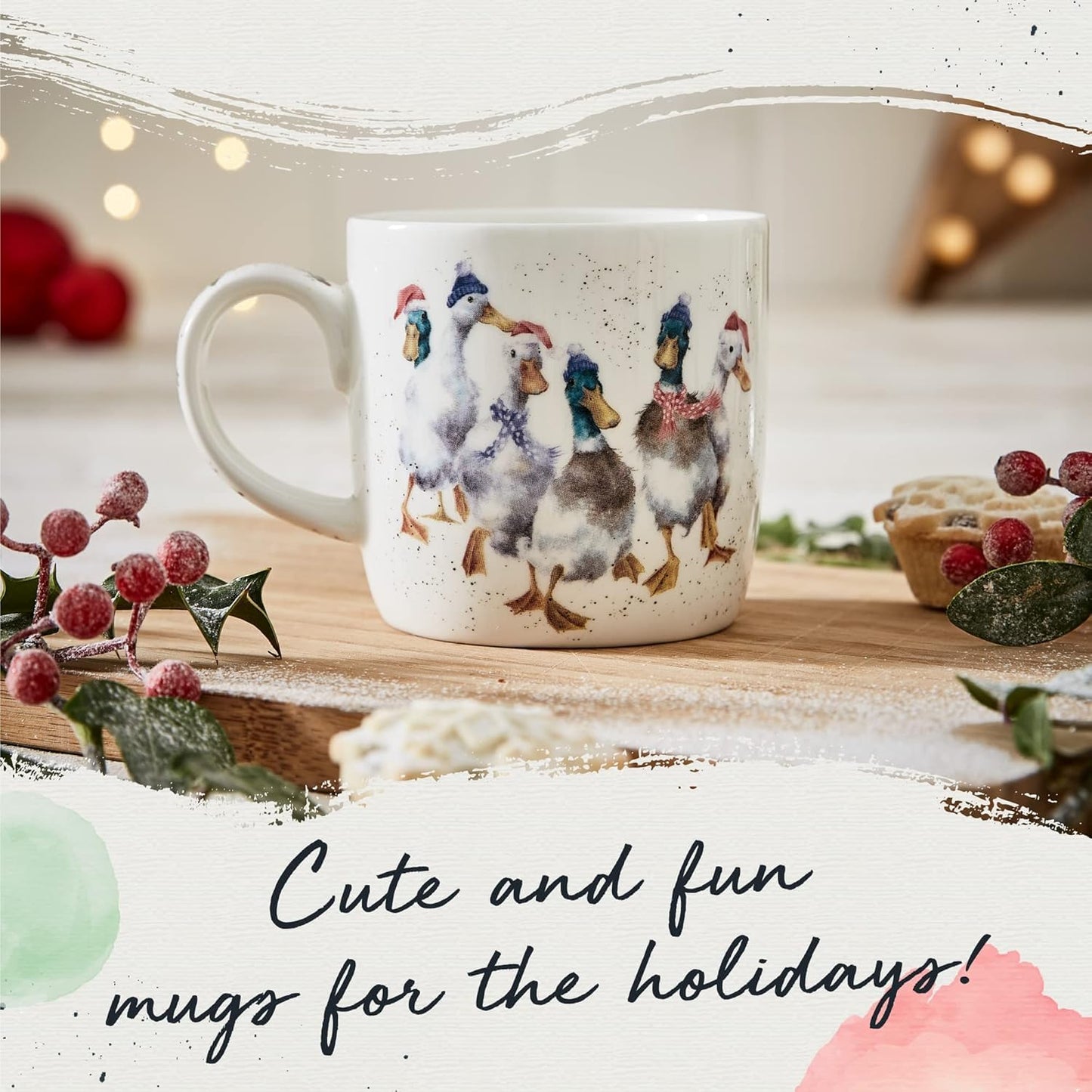 Royal Worcester 14 Oz Duck The Halls Christmas Mug with Duck Design - Fine Bone China Winter Holiday Coffee Mug, Microwave & Dishwasher Safe, Wrendale Designs Festive Holiday Tableware