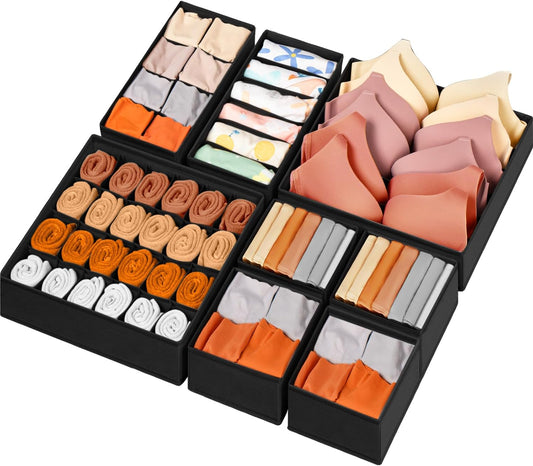 Drawer Organizer Clothes, 8 Pack Dresser Organizer Bins for Baby Clothes, Underwear Sock, Fabric Closet Organization and Storage Dividers for Nursery Bedroom (48 Compartments, Black)