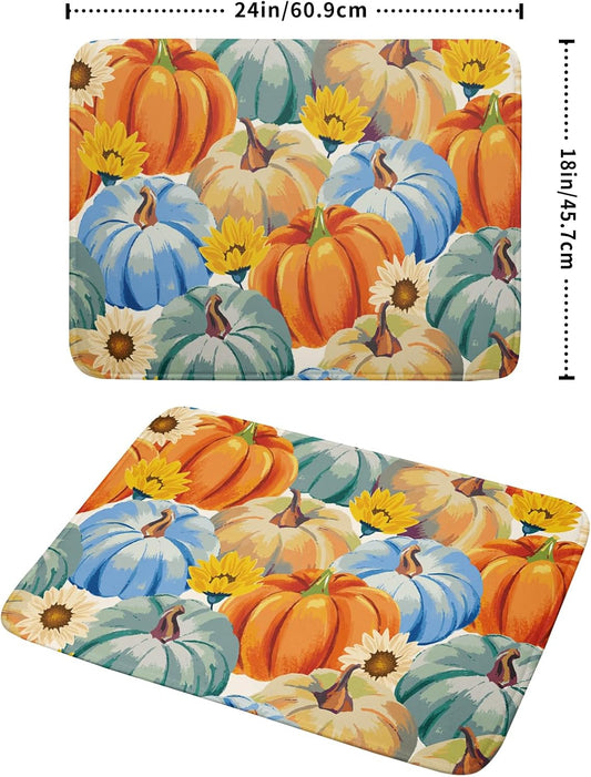 Giwawa Fall Dish Drying Mat 18"x24" Watercolor Autumn Teal Blue Orange Pumpkins Sunflowers Dish Drainer Mats Large Thanksgiving Harvest Microfiber Dish Drying Pad Kitchen Countertop Decor