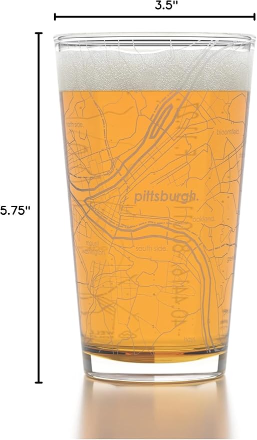 Well Told Engraved Pittsburgh Pennsylvania Map Pint Glass, Etched Beer Gift (16 oz, Clear) City Map Pint, Custom City Glassware, Gifts For Beer Lovers
