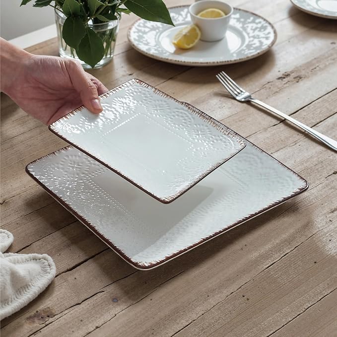 ONEMORE Ceramic Dinnerware Set, 16PCS Square Plates, Bowls & Cups Set - Scratch Resistant, Dishwasher Safe Kitchen Dishes, Ceramy White