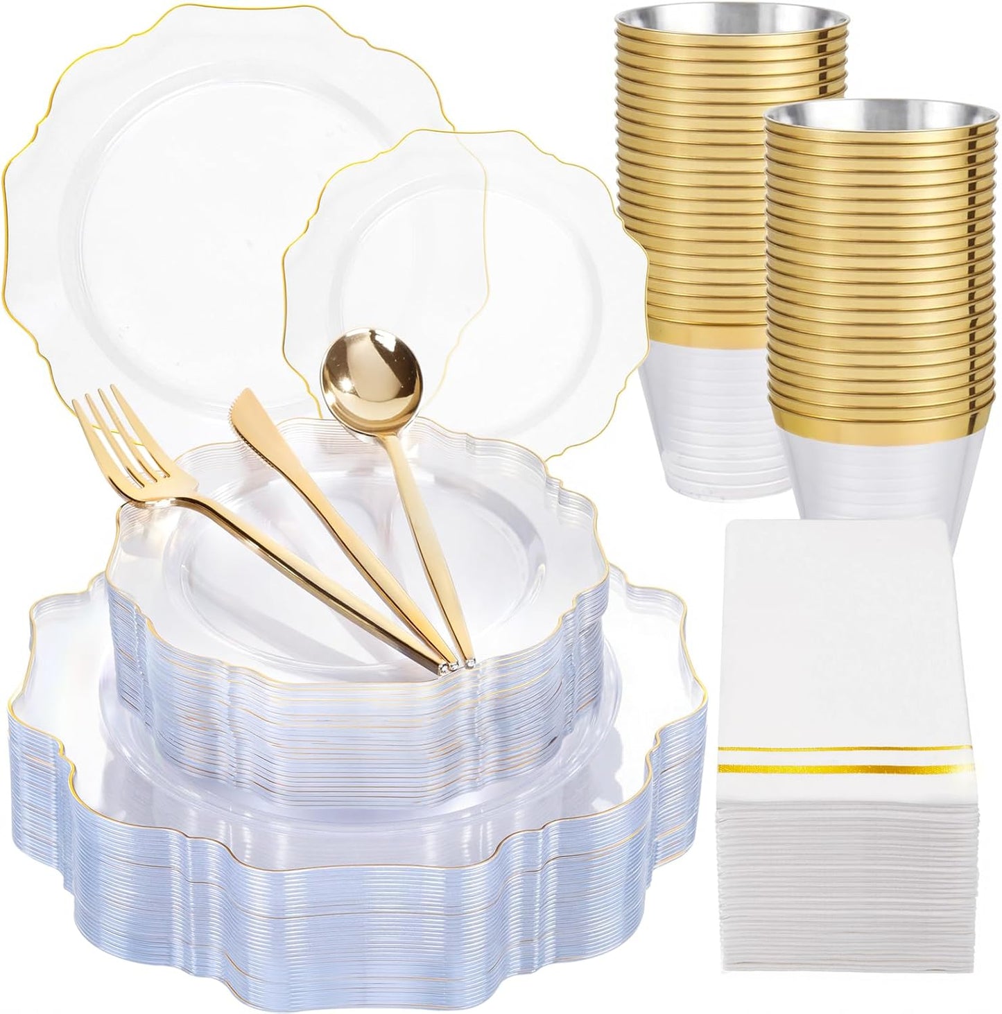 WDF 350Pcs Clear and Gold Plastic Plates - Heavy Duty Clear Plates Disposable - Gold Dinnerware Sets of 100 Plastic Plate 150Silverware 50 Cups 50 Napkins for Wedding/Party/Thanksgiving