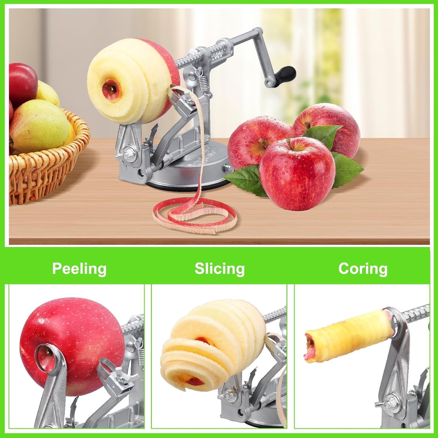 Apple Peeler Corer, Long lasting Chrome Cast Magnesium Alloy Apple Peeler Slicer Corer with Stainless Steel Blades and Powerful Suction Base for Apples and Potato(Grey)