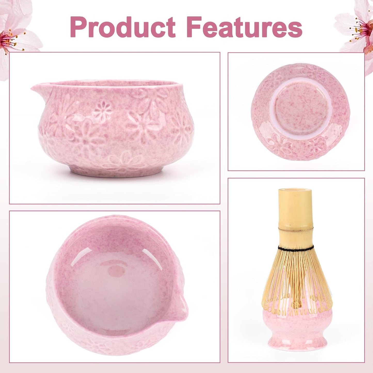 Matcha Whisk Set, 7 Pcs Matcha Kit Includes Matcha Bowl, Whisk and Holder, Bamboo Scoop, Scoop Rest, Sifter and Tea Towel, Gift for Matcha Lover (Pink)