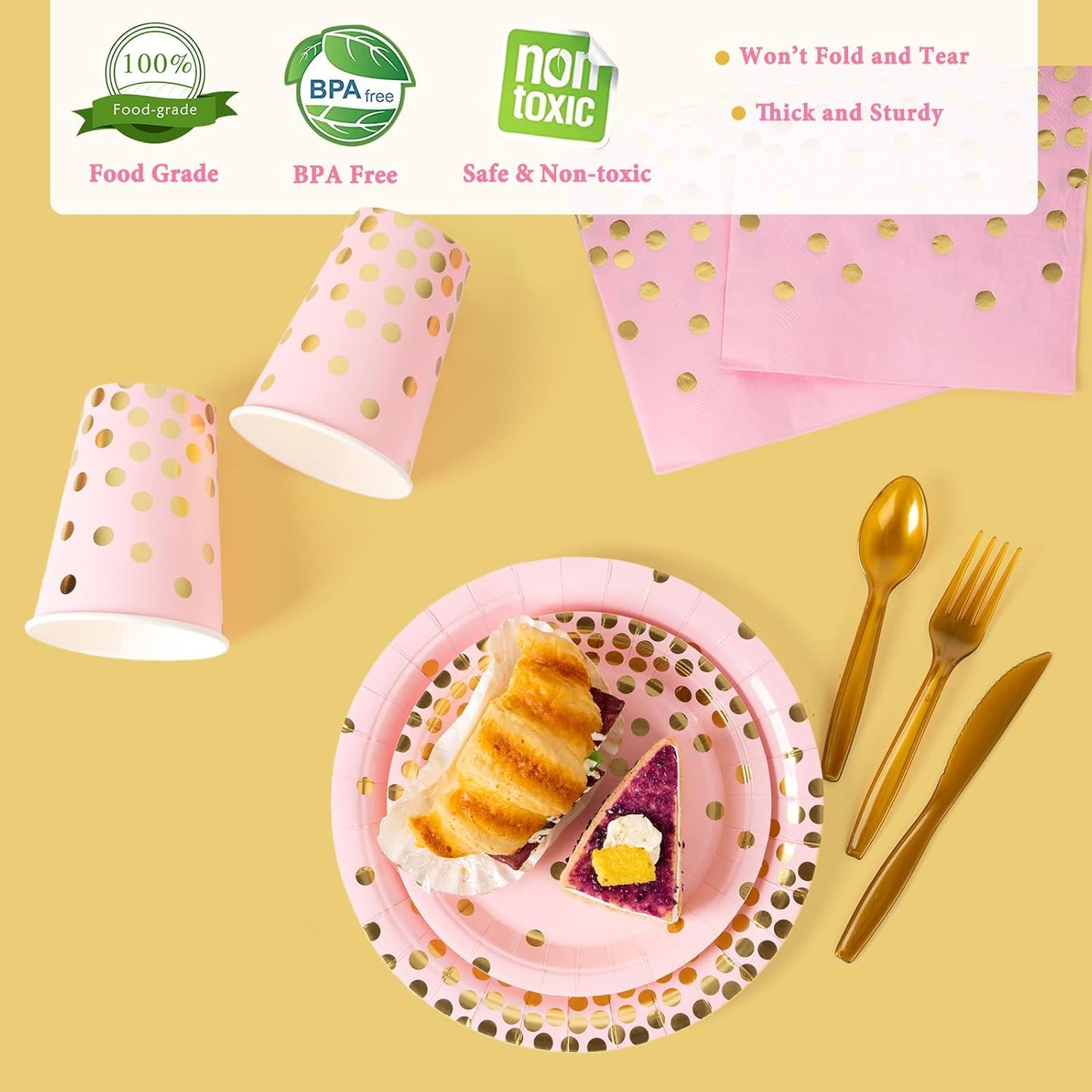 DECORLIFE 336PCS Pink and Gold Disposable Dinnerware Set Serves 48, Pink Paper Plates Napkins Cups, Gold Plastic Forks Spoons Knives for Wedding Baby Shower Princess Birthday Party Supplies