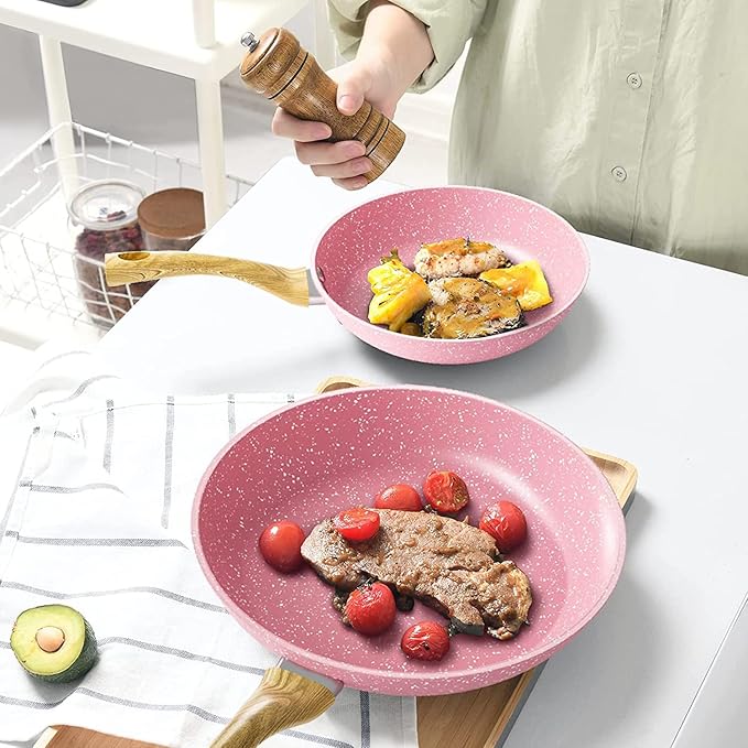 Frying Pan Nonstick Set, 8" & 9.5" & 11" Pink Egg Pan, Non Stick Fry Pan Set PFOA-Free Omelet Pan, Toxin-Free Skillets Stone Cookware, Anti-Warp Base with All Stove Tops Available,Induction Compatible