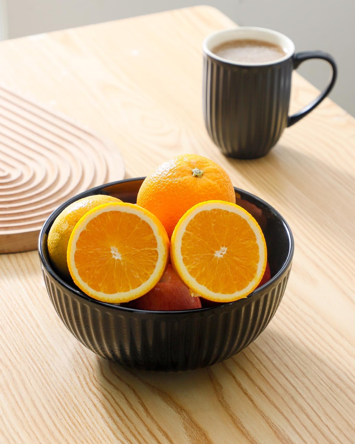 Hasense Large Serving Bowls Set of 2, 60 Oz Porcelain Salad Bowl 8 Inch for Kitchen Dining,Elegant Ribbed Ceramic Dishes for Party,Soup,Pho,Pasta,Cereal,Fruit - Dishwasher & Microwave Safe, Black