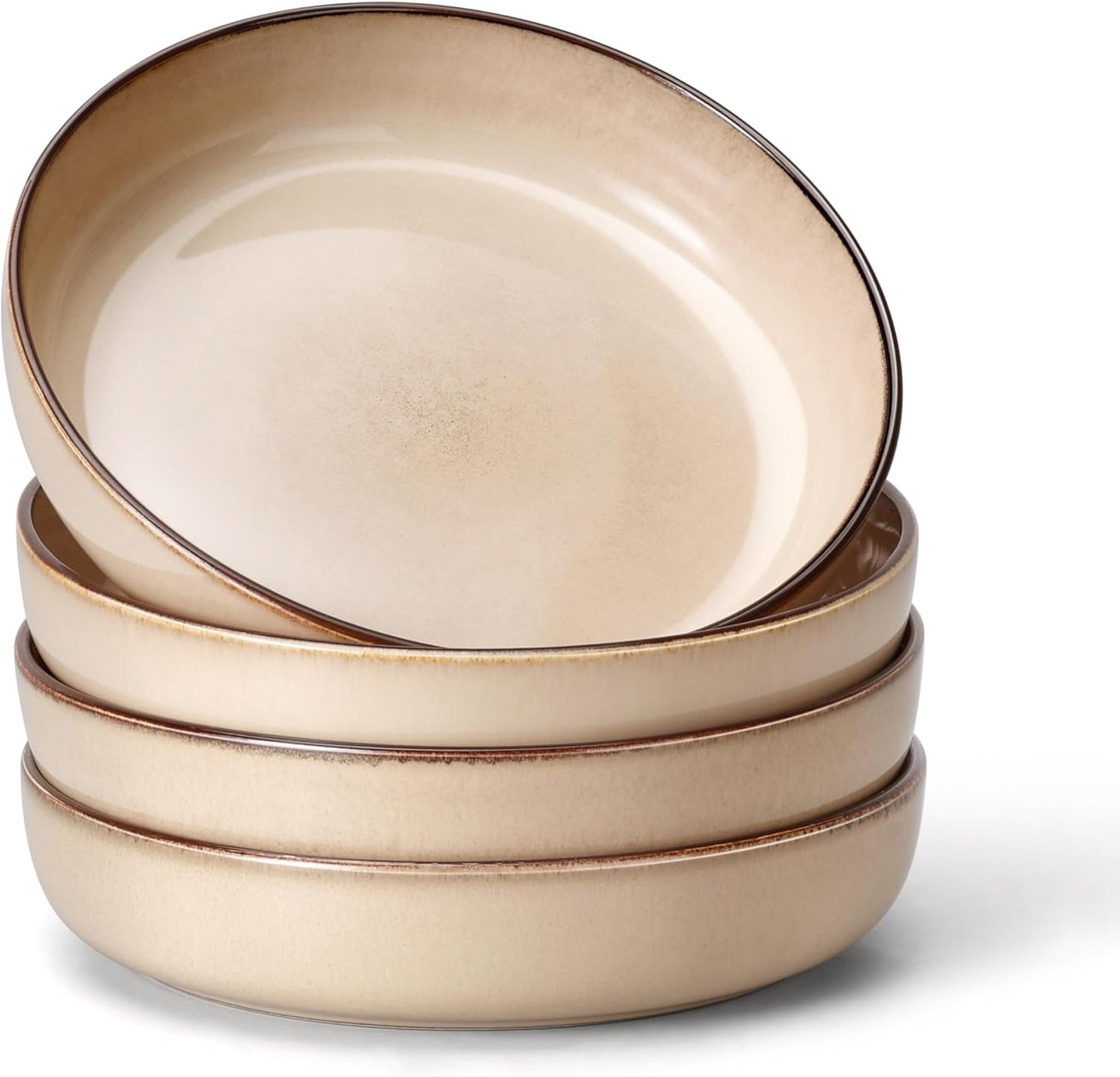 E-far Pasta Bowls Set of 4, 35oz Large Salad Bowls for Serving, Wide and Shallow Ceramic Plates for Kitchen, Double Reactive Glaze, Microwave and Dishwasher Safe, Sandy Beige