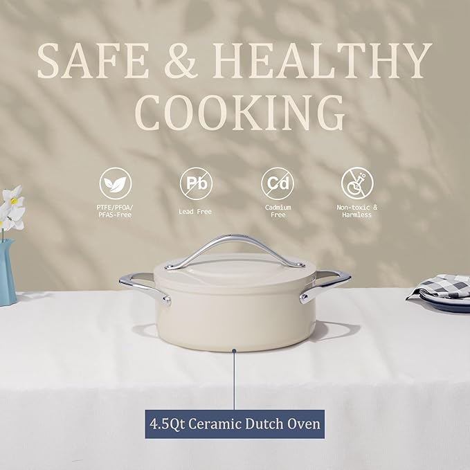 Stock Pot 4.5qt Dutch Oven with Lid (9.5") Nonstick Ceramic Coated Non-Toxic PFAS-Free Even Heat Distribution for Braising, Baking Bread & Soups, Compatible for All Cooktops(Induction/Gas/Electric) Oven Safe to 500°F (Cream)