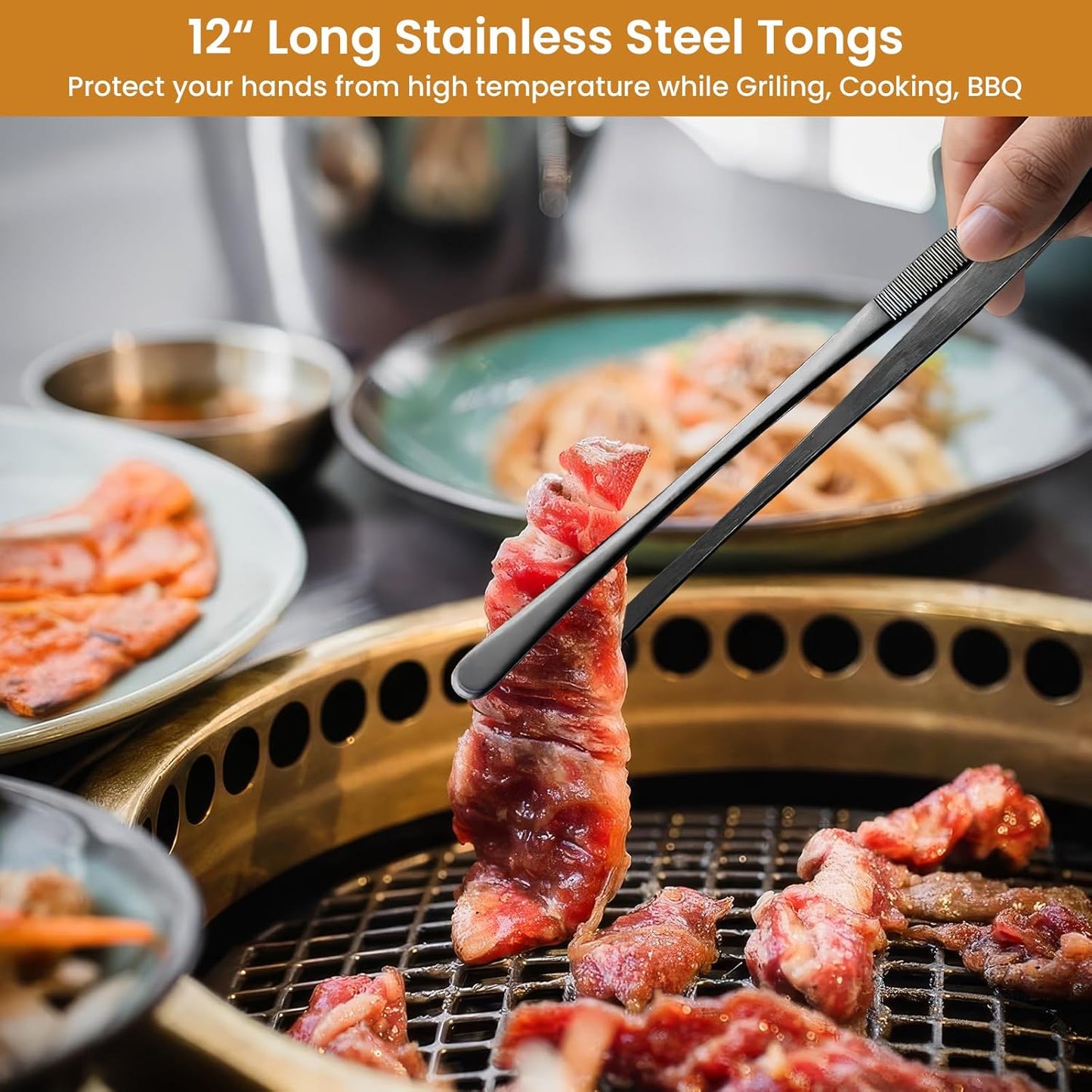 GEEKHOM 4 Pcs Kitchen Tweezer Tongs Set, 12 & 10 Inch Black Stainless Steel, Long & Short Food Tweezers for All-Purpose Cooking & BBQ