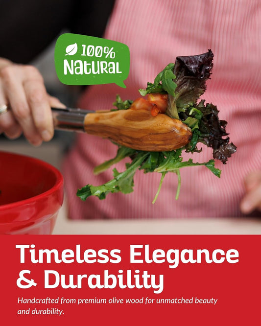 Boxiki Kitchen Tongs for Cooking with Wooden Tips - Wooden Tongs Ideal for BBQ, Salad, Toaster, Bread & Pickles - Made of Natural Olive Wood, Size 12 Inch