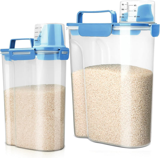 Rice Storage Container, 5 to 10lb Dry Food Airtight Dispenser, Pet Dog Cat Food Canister, BPA Free Clear Plastic Kitchen and Pantry Bin for Oatmeal, Cereal, Pasta, Flour Pack of 2 Blue