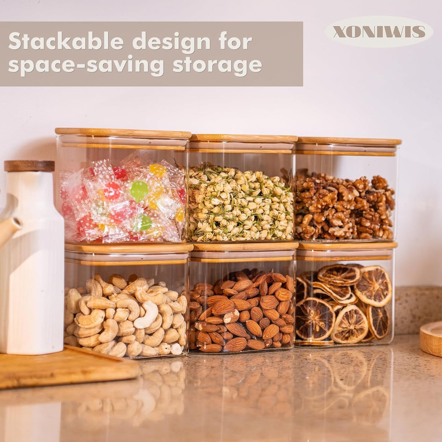 26oz 6PCS Rectangle Glass Pantry Containers with Lids, Glass Jars with Lids, Clear Food Storage Jars, Small Canister for Salt, Pepper, Spices, Nuts, Loose Tea, Coffee, Sugar, Candy