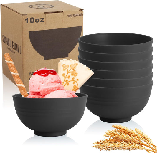 Wrova Handy Wheat Straw Bowls Set of 6,Unbreakable Ice-Cream Bowls Sets for Kids,10oz Small Dessert Bowls for Kitchen,Camping and RV.Black Series