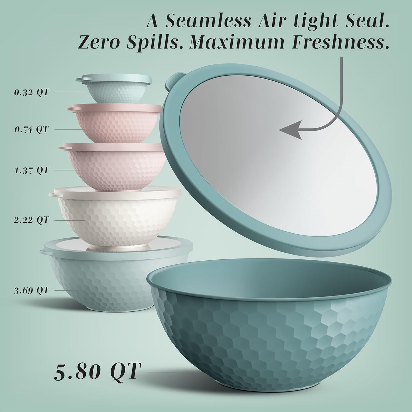 COOK WITH COLOR Mixing Bowls with Lids - 12 Piece Plastic Nesting Bowls Set includes 6 Prep Bowls and 6 Lids, Non Slip Bottom and Embossed Design - Microwave Safe (Teal)