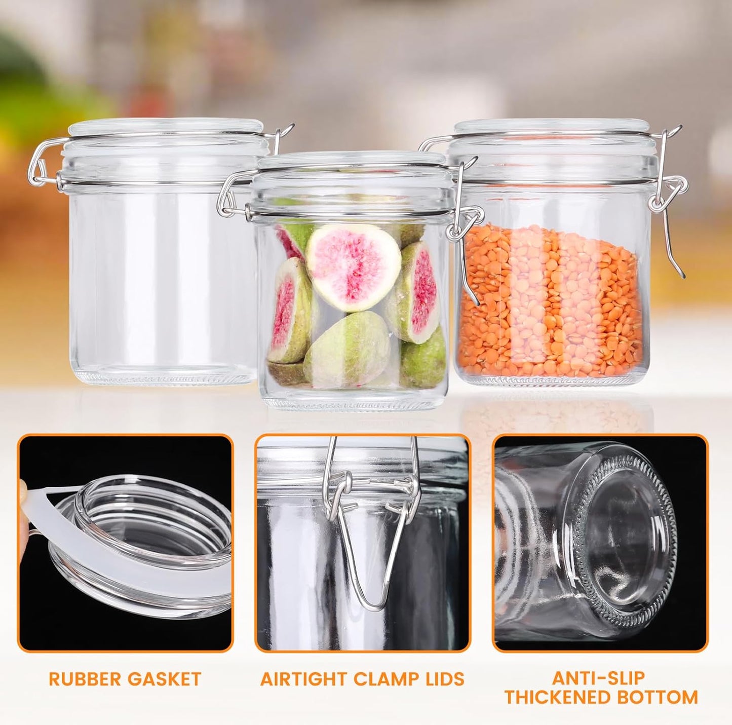 AuroTrends 8oz Glass Jars with Airtight Lid 12pcs with Leak Proof Rubber Gasket, 8 oz glass jars with lids- Featuring Clear Preserving Seal & Wire Clip Fastening for Kitchen Canning and Food Storage