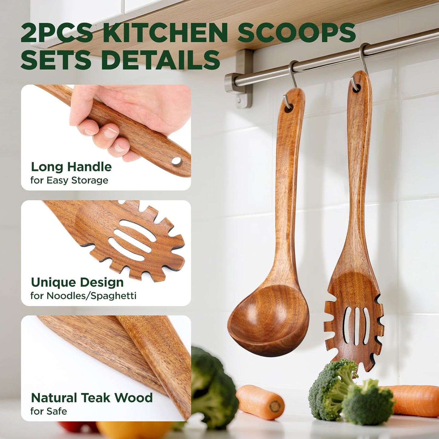 Wooden Spoons for Cooking, Teak Wood Kitchen Utensil Set, Large Soup Ladle and Pasta Slotted Fork Strainer Spoon with Teeth for Cooking Serving Sauce (Ladle and Spaghetti)