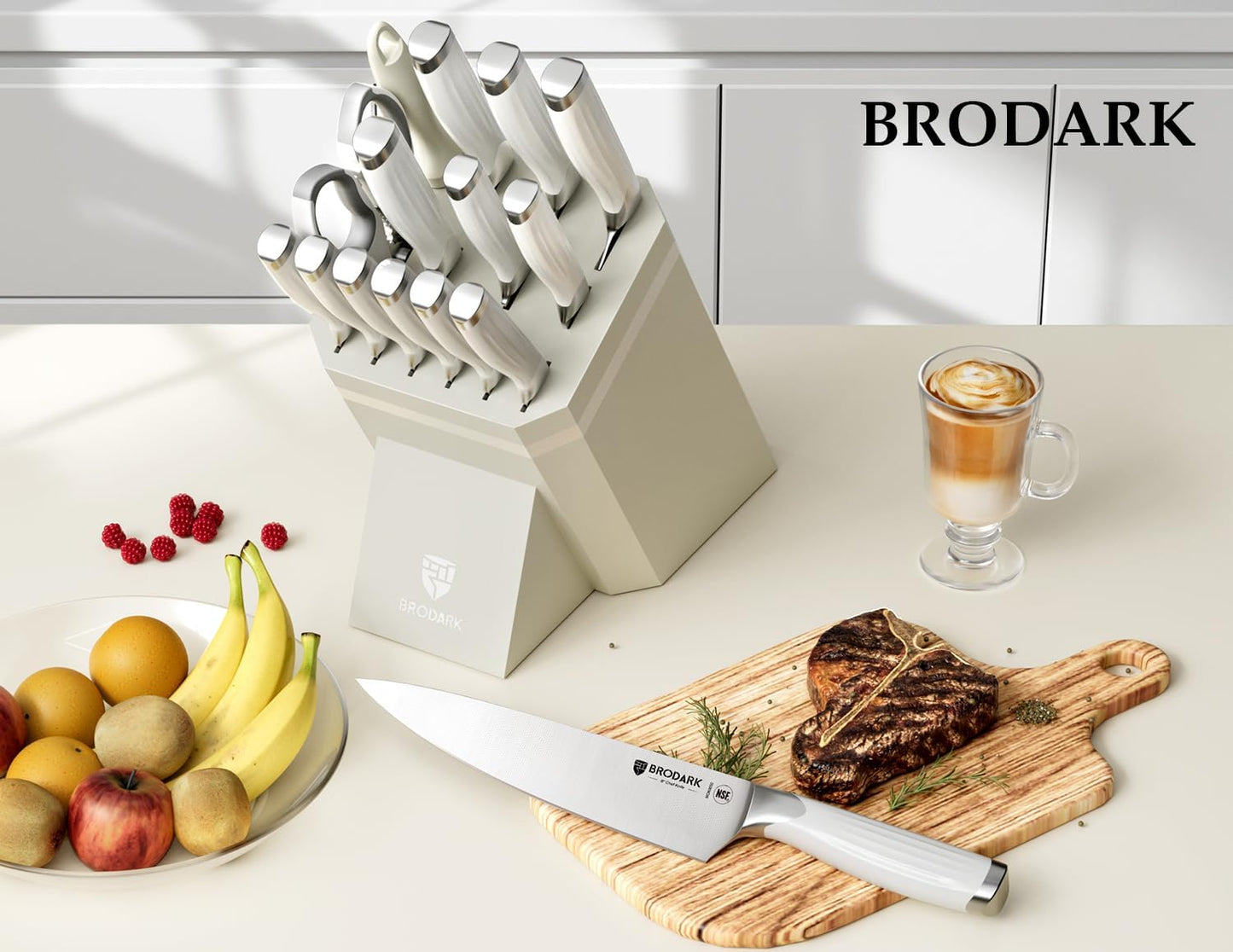 BRODARK Kitchen Knife Set with Block and Sharpening Rod, 15-Piece Full Tang German Stainless Steel Knife Block Set with Ergonomic Roman Handle, White, Ultra Sharp & Rust Resistant, Premium Gift Box