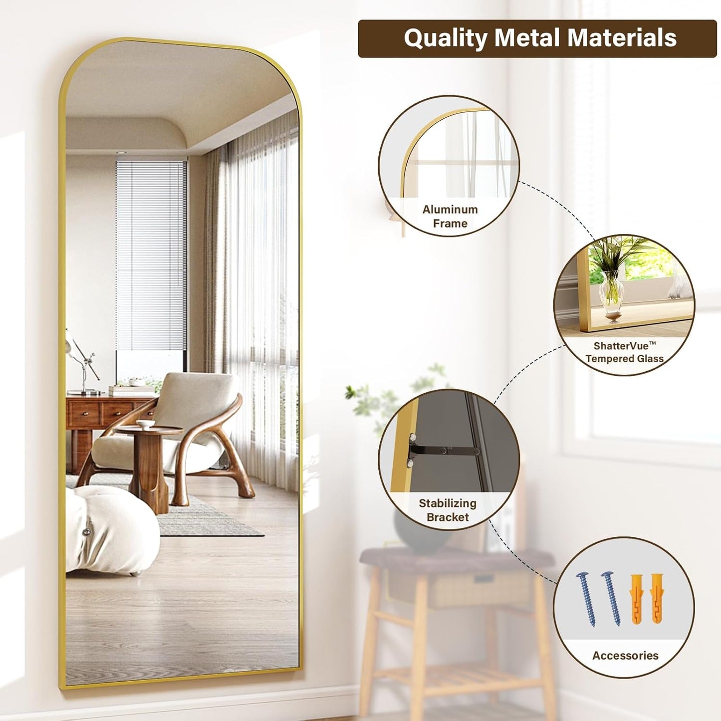 56x21 Inch Full Length Mirror - Large Floor Standing & Wall Mountable Full Body Mirror with Sturdy Aluminum Frame, Arched Top Design, Freestanding or Hanging for Bedroom, Living Room, Cloakroom,Gold