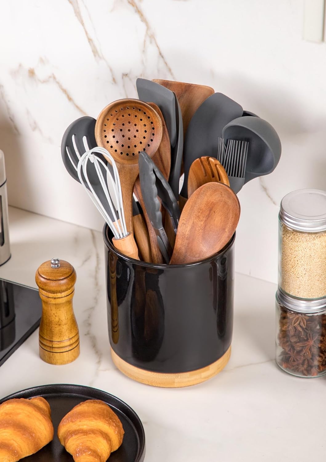 Nucookery 360° Rotating Utensil Holder, 7.2" Large Utensil Crock, White Ceramic Cooking Utensil Organizer with Countertop-Protection Cork Bottom for Farmhouse Kitchen Decor Gift (Black)