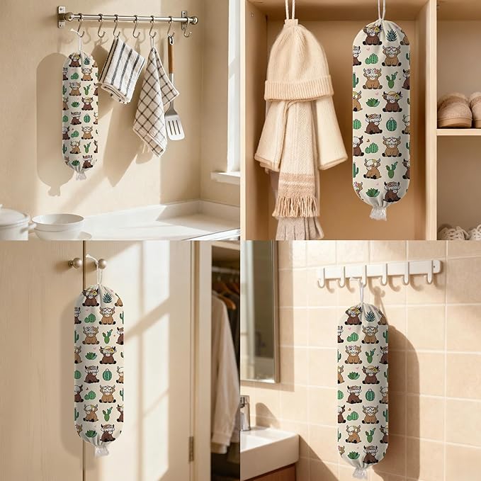 Plastic Bag Holder Highland Cow Bag Holder Dispenser, Plastic Grocery Bag Organizer & Wall Mount Paper Trash Bags Saver Storage for Kitchen Home Pantry Decor, Fun Farmhouse Decor