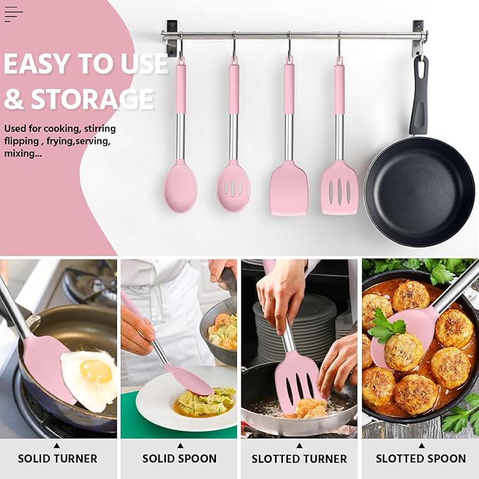 E-far Cooking Utensils Set of 4, Silicone Kitchen Utensils for Non-stick Cookware, Heat Resistant & Non-toxic Slotted Spatula Solid Spoon Turner for Flipping Mixing Serving Basting(Pink)