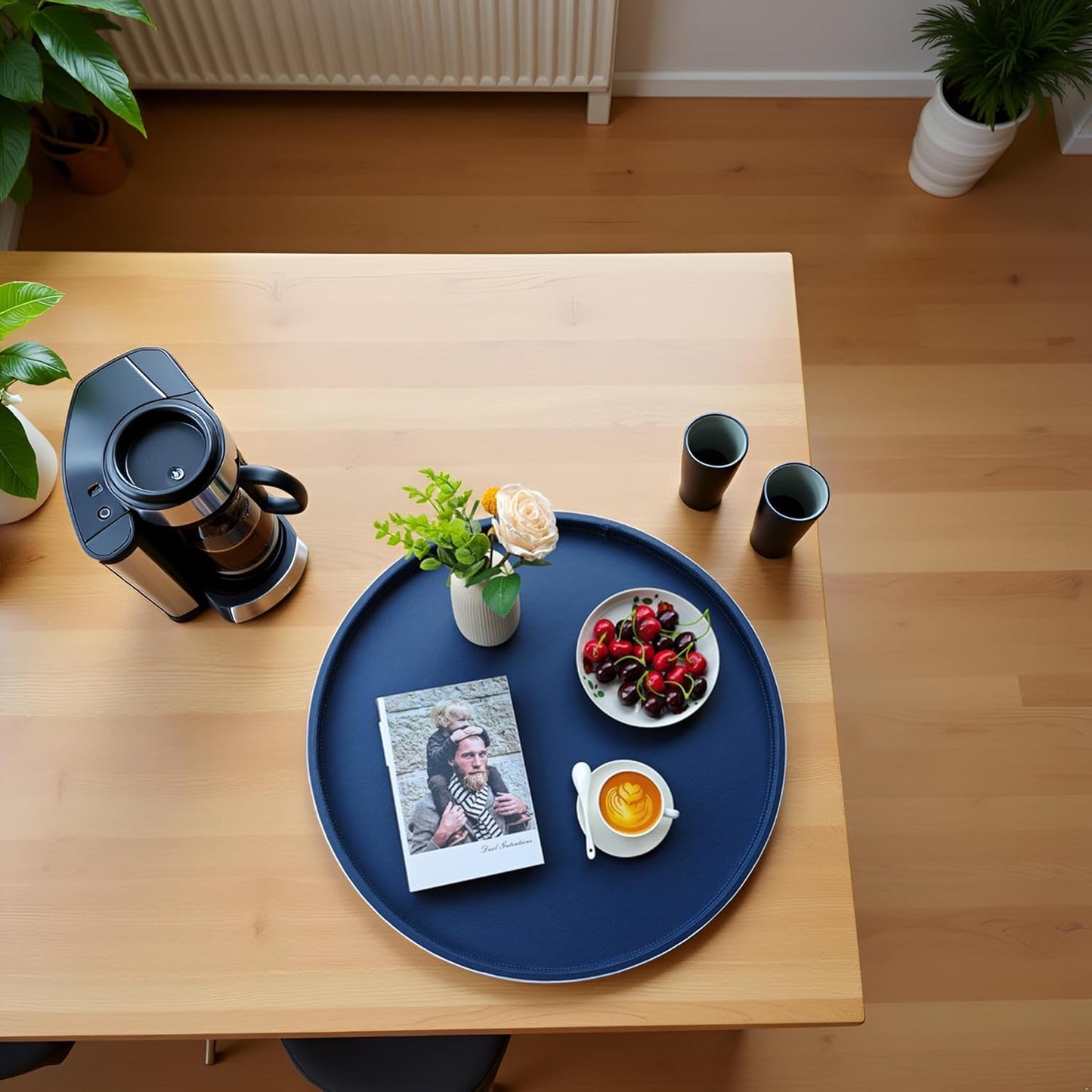 25-inch Round Ottoman Serving Tray - Textured PU Leather Coffee Table Decor, Waterproof Heat-Resistant Large Organizer for Home, Office, Bed & Party Essentials (Navy Blue, 25)