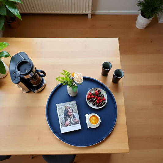 25-inch Round Ottoman Serving Tray - Textured PU Leather Coffee Table Decor, Waterproof Heat-Resistant Large Organizer for Home, Office, Bed & Party Essentials (Navy Blue, 25)