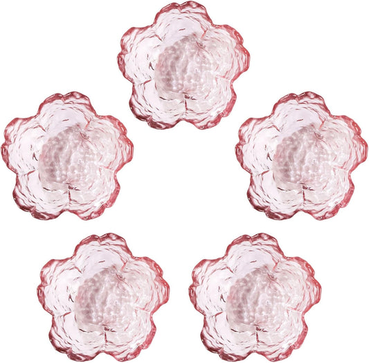 WHJY 5 pack Cute Sauce Dishes Glass Dish Set for Soy Sauce Snacks Tea Bag Mini Glass Bowls Clear Pink Cherry Blossom Soy Sauce Dishes