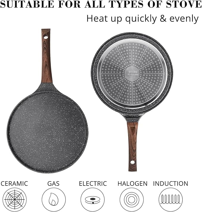 Nonstick Crepe Pan Set, 6 Piece Set Kitchen Pancake Grill Pan, 9.5 Inch Granite Coating Flat Skillet Tawa Dosa Tortilla Pans, Pizza Pans, Fry Pan Compatible with All Stovetops (9.5 Inch)