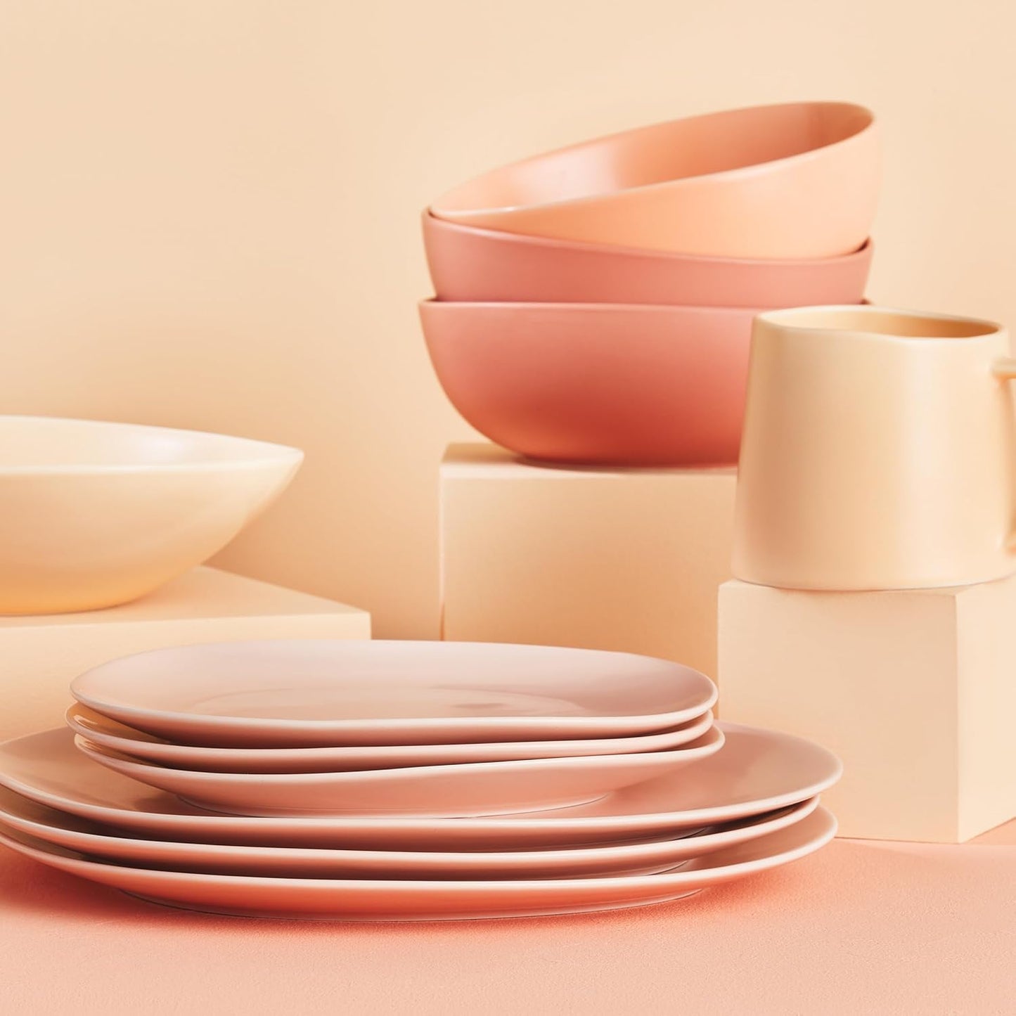 Stone Lain Delilah 8-inch Bowl 6-Piece Dish Set, Porcelain, Pastel Orange