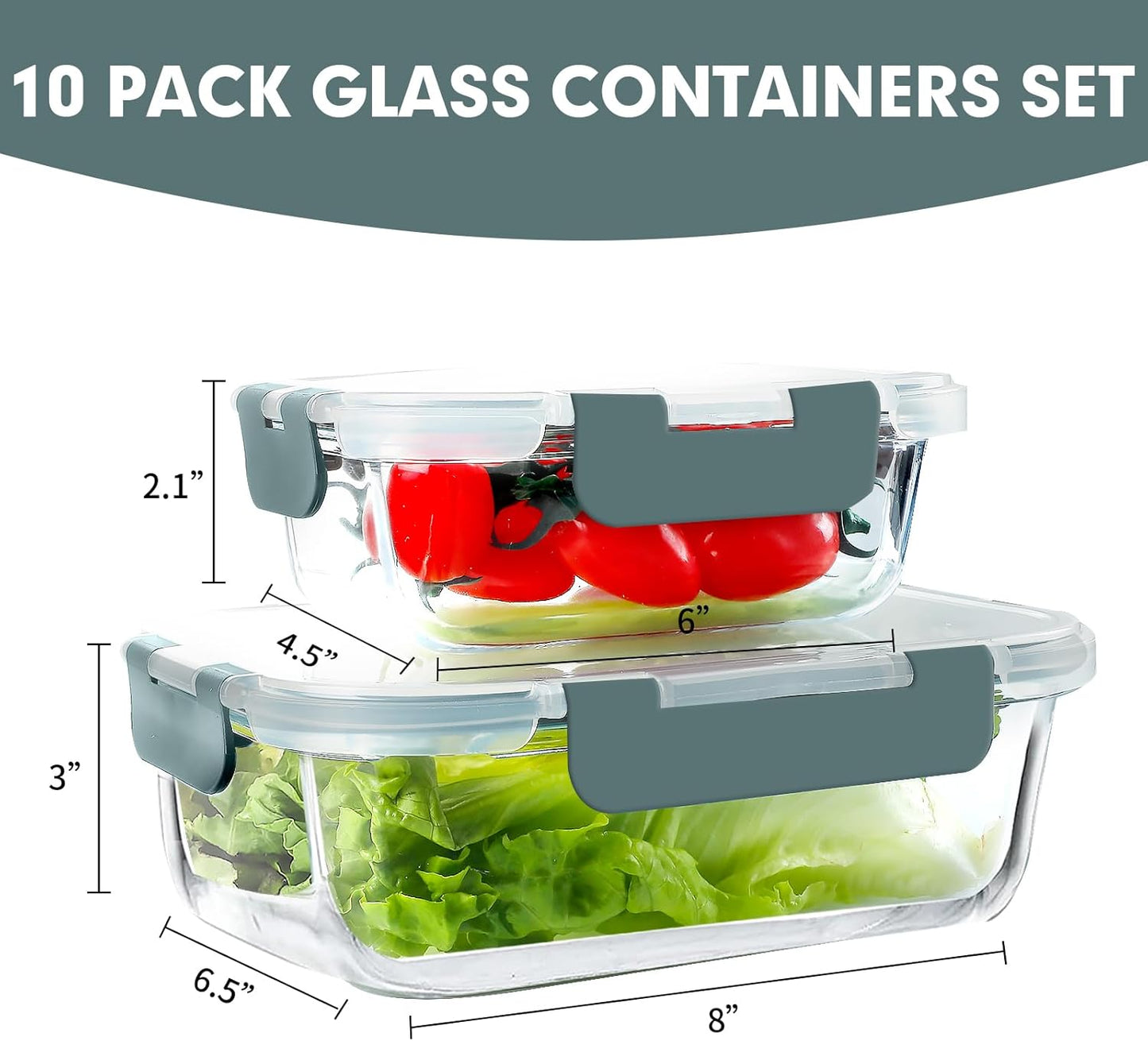 VERONES 10 Pack Glass Meal Prep Containers, Airtight Glass Lunch Containers, Stackable Glass Food Storage Containers Set with Lids,Exclusive of BPA,for Microwave, Oven, Freezer & Dishwasher,Grey