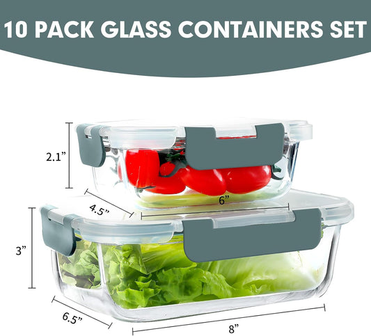 VERONES 10 Pack Glass Meal Prep Containers, Airtight Glass Lunch Containers, Stackable Glass Food Storage Containers Set with Lids,Exclusive of BPA,for Microwave, Oven, Freezer & Dishwasher,Grey
