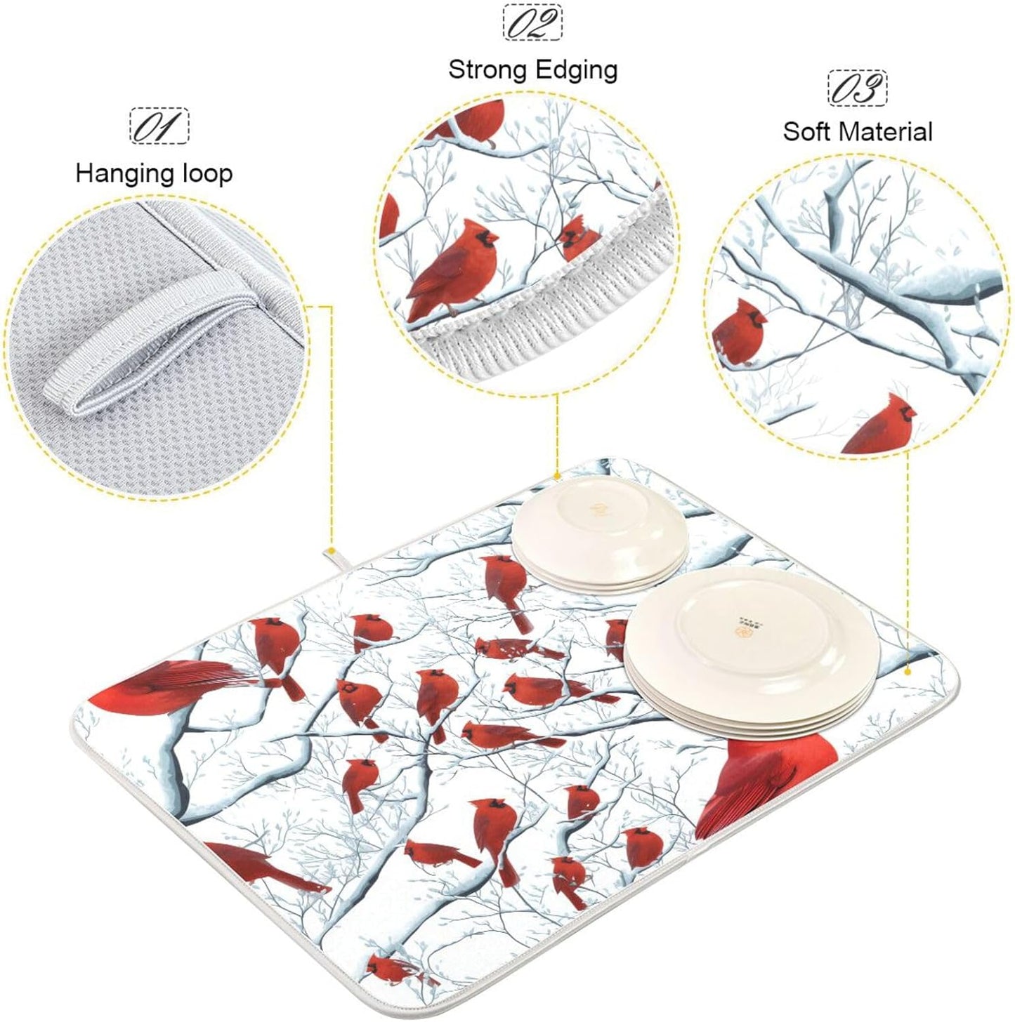 Red Birds on Branches Dish Drying Mat for Kitchen Counter Super Absorbent Dishes Pad Reversible Microfiber Protector Dish Draining Mats 16x18 inch