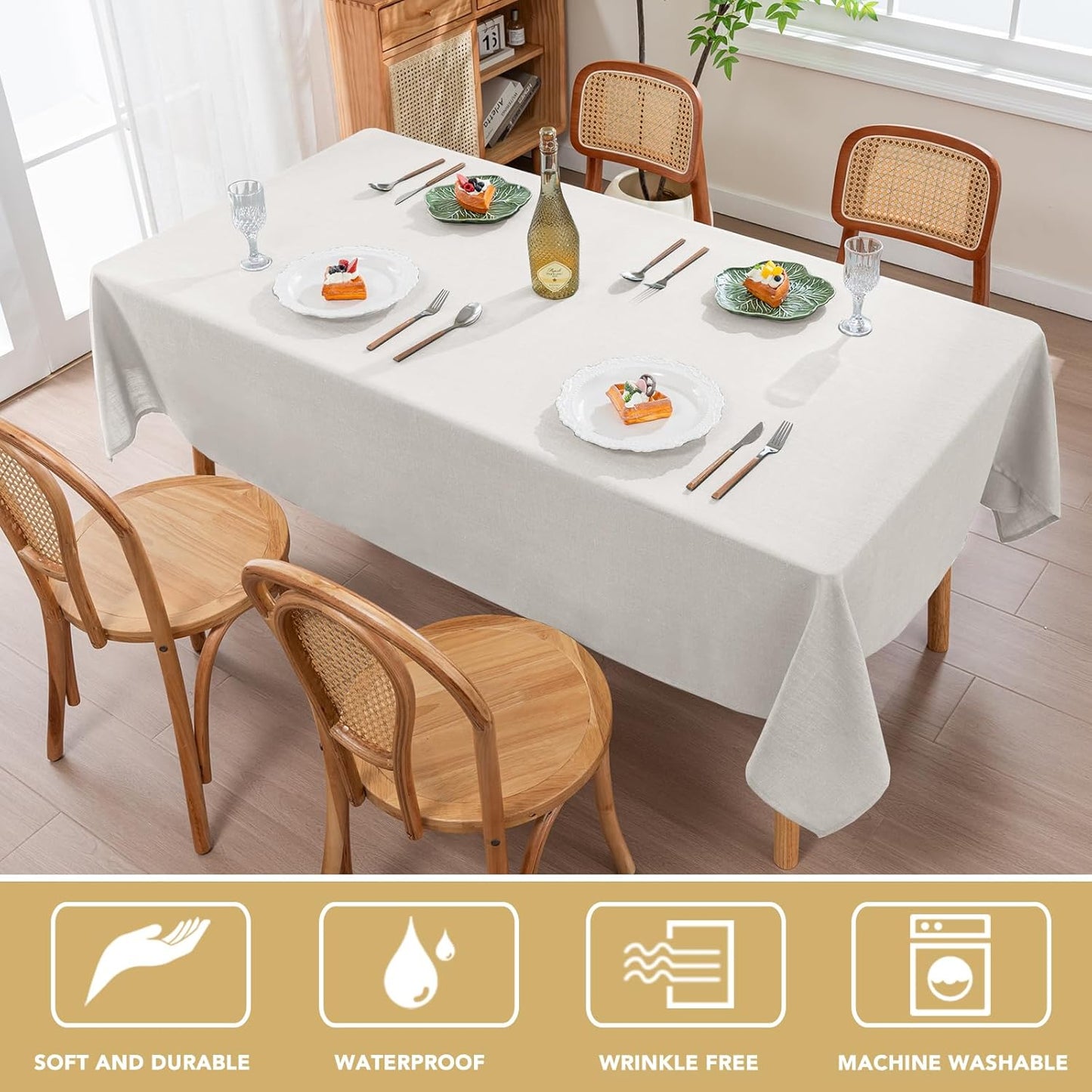 H.VERSAILTEX Linen Table Cloths Rectangle 60 x 120 Inch Premium Tablecloth Spill-Proof Waterproof Table Cover for Dining Buffet Feature Extra Soft and Thick Fabric Wrinkle Free, White