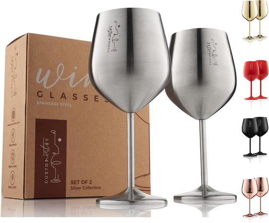 Gusto Nostro Stainless Steel Wine Glass - 18 oz - Cute, Unbreakable Wine Glasses for Travel, Camping and Pool - Fancy, Unique and Cool Portable Metal Wine Glass for Outdoor Events, Picnics (Set of 2)