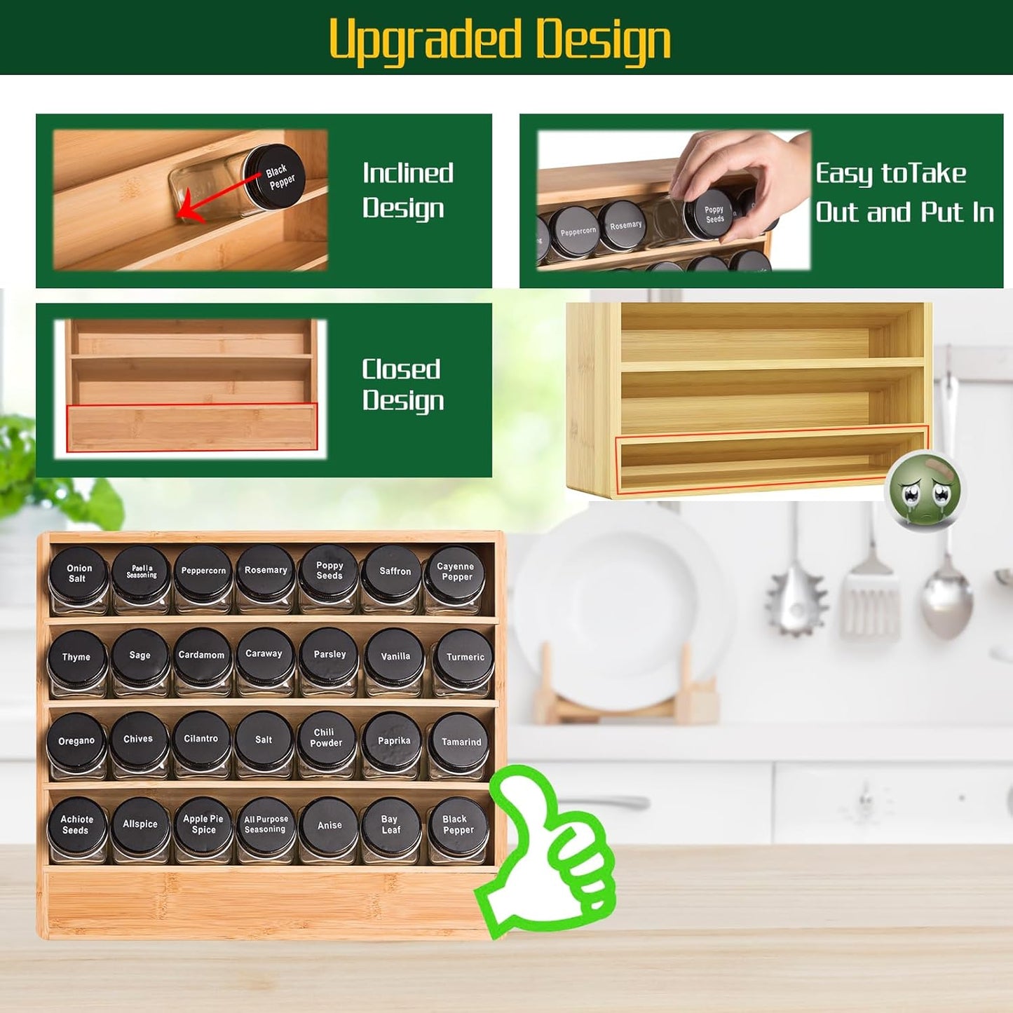 Bamboo Tiered Spice Rack Organizer for Cabinet,Wooden Seasoning Rack for Countertop, Cupboard, Pantry, Kitchen (Spice Jars Included)