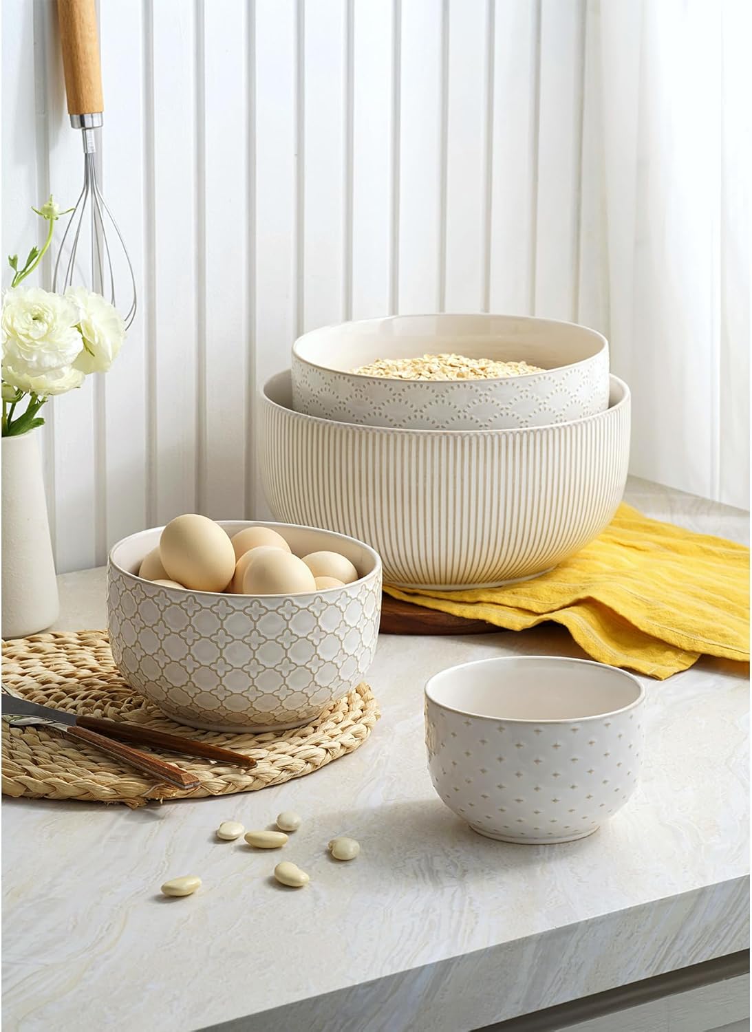 Mikiegy Ceramic Mixing Bowls Set of 4, Nesting Ceramic Embossment Stoneware Mixing Bowls for Cooking, Serving, Popcorn, Salad etc, Microwave & Dishwasher Safe, 20/44/98/145 oz, Off-White