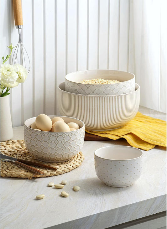 Mikiegy Ceramic Mixing Bowls Set of 4, Nesting Ceramic Embossment Stoneware Mixing Bowls for Cooking, Serving, Popcorn, Salad etc, Microwave & Dishwasher Safe, 20/44/98/145 oz, Off-White