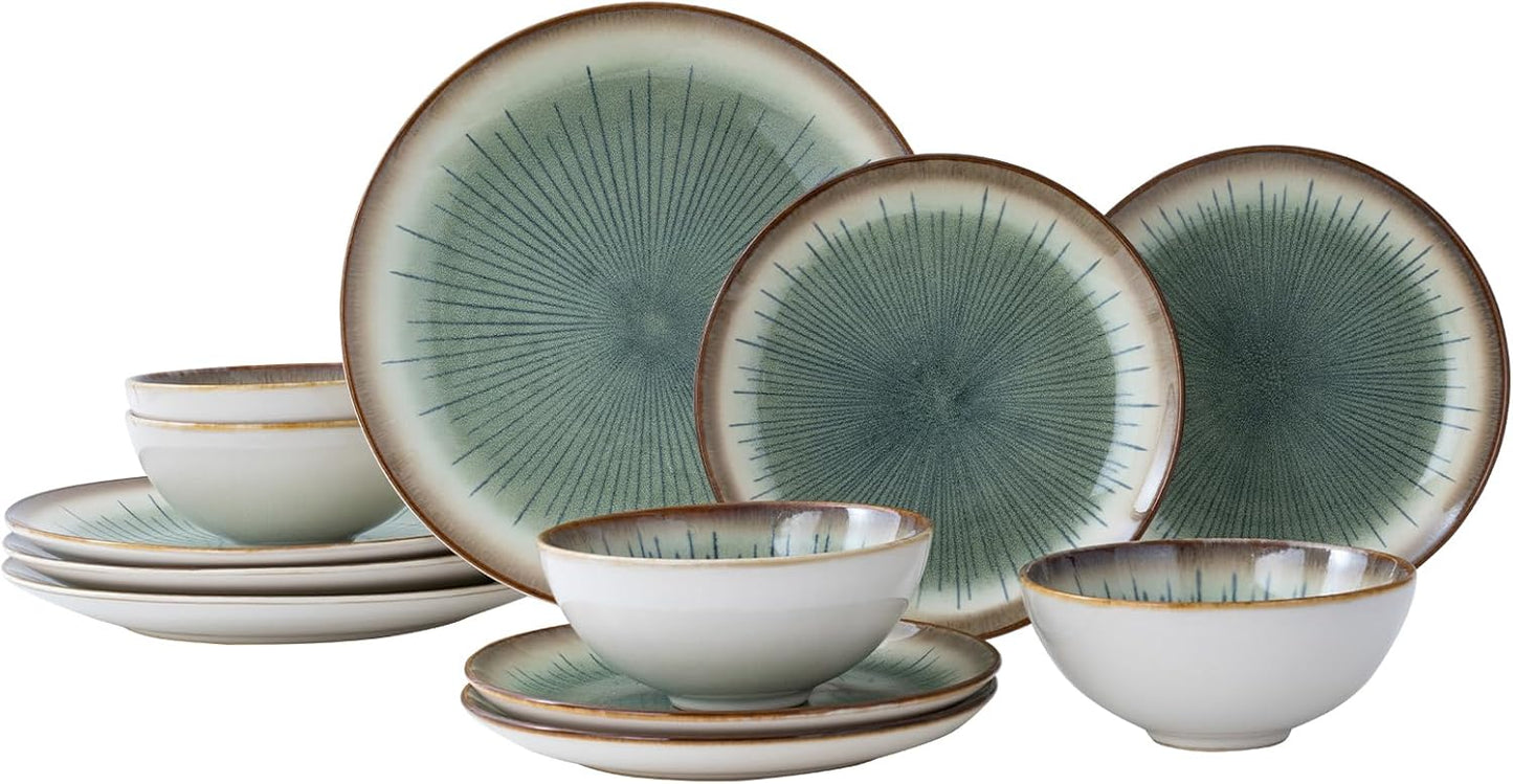 Dinnerware Set Green 12 Pieces Service for 4, Stoneware Plates and Bowls Set Stoneware Set, Dishwasher Microwave Safe Dishes set