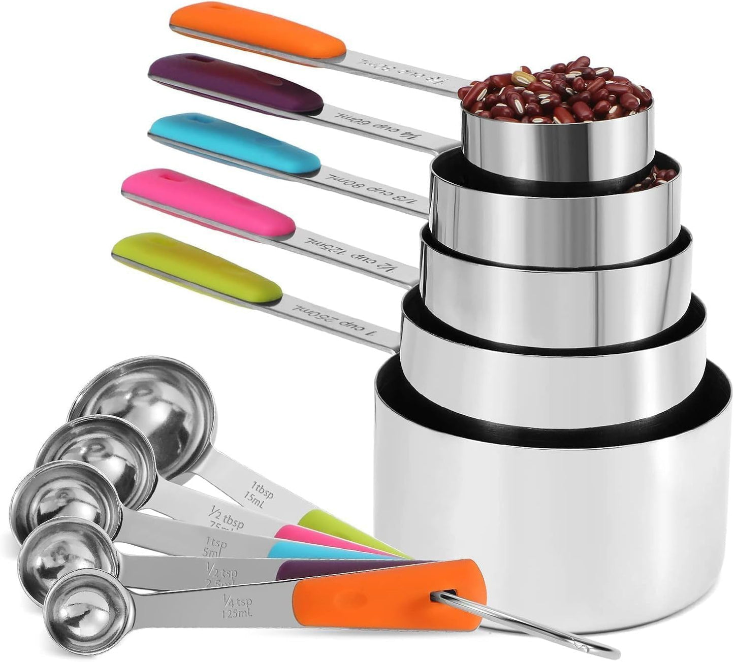 Measuring Cups and Spoons Set, Stainless Steel 12 Piece for Cooking and Baking (7 Cups + 5 Spoons, Colorful Handles)