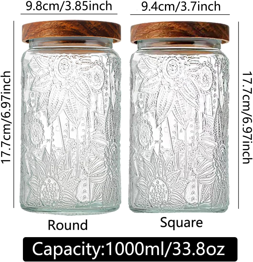 ANSQU Vintage Glass Storage Jar, Glass Canister Storage Jar Container with Airtight Wooden Lid for Kitchen Counter, Pantry, Coffee, Tea, Sugar, Cookie Jars (Round&Square-Sunflower)